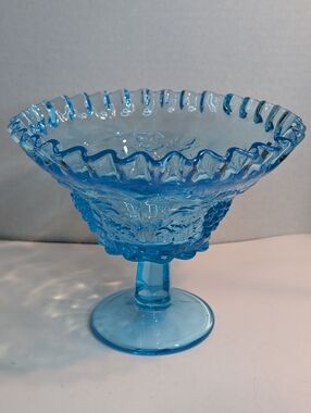 Blue Westmoreland Art Glass Pedestal Candy Dish Ruffled Edge Grapes Compote